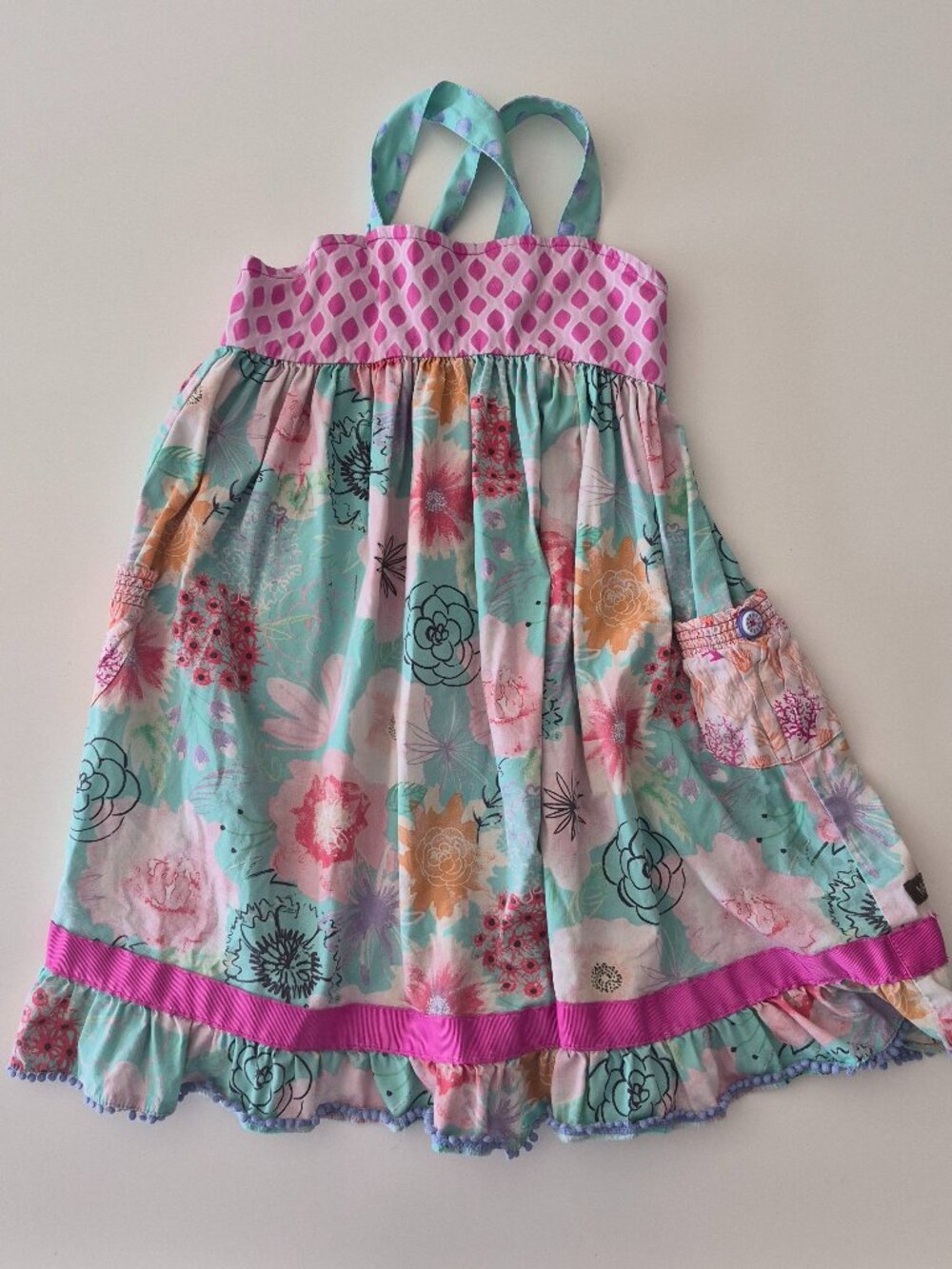 Matilda Jane Girls 6 Floral Sundress Mixed Print Pocket Pom Pom Trim Boho